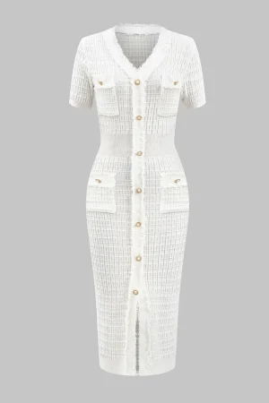 Knit V-Neck Button Short Sleeve Dress>MICAS New