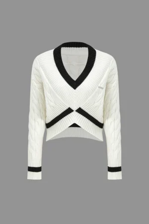 Knit V-Neck Patchwork Long-Sleeve Top>MICAS Fashion