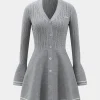 Knitted Button V-Neck Bell Sleeve Long Sleeve Sweater Dress>MICAS New