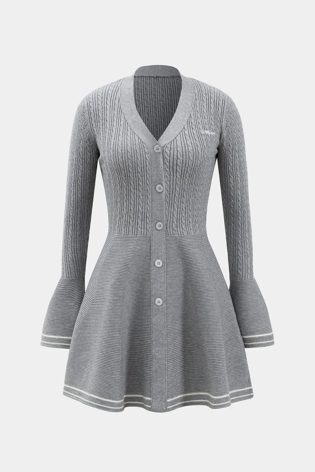 Knitted Button V-Neck Bell Sleeve Long Sleeve Sweater Dress>MICAS New