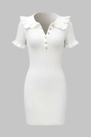 Knitted Metallic Button Ruffle Short Sleeve Dress>MICAS Best