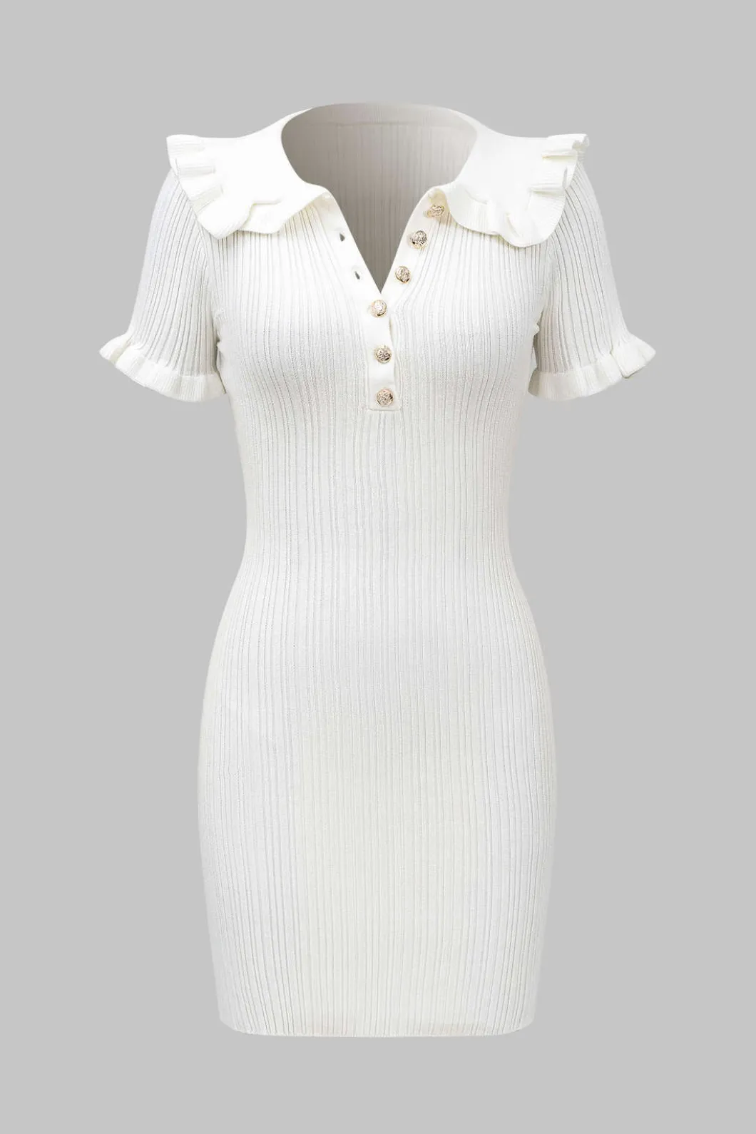 Knitted Metallic Button Ruffle Short Sleeve Dress>MICAS Best