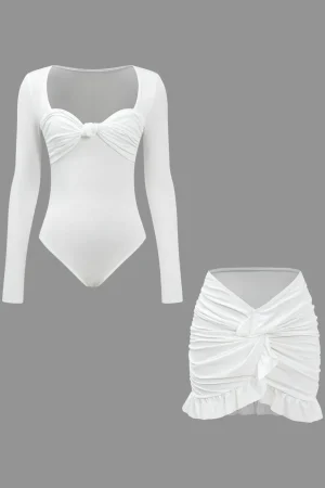 Knot Long Sleeve Top And Ruffle Ruched Detail Skirt Set>MICAS Hot