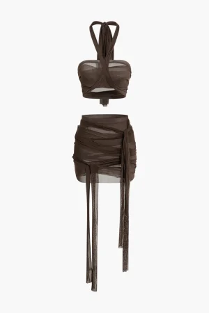 Knot Tie Halter Mesh Tank Top And Mini Skirt Set>MICAS Online