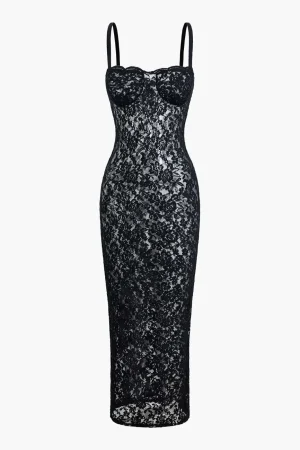 Lace Bustier Slit Slip Maxi Dress>MICAS Clearance