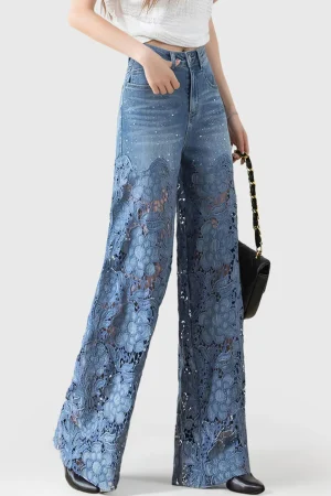 Lace Cut Out Patchwork Wide Leg Jeans>MICAS Online