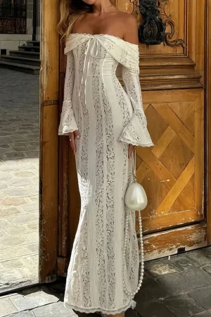 Lace Long Sleeve Strapless Maxi Dress>MICAS Fashion