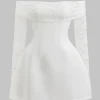 Lace Off Shoulder Patchwork Long Sleeve Mini Dress>MICAS Fashion