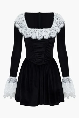Lace Patchwork Velvet Long Sleeve Mini Dress>MICAS Discount