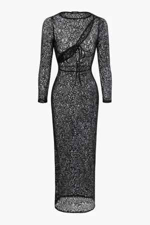 Lace Sheer Cut Out Tie Front Maxi Dress>MICAS New