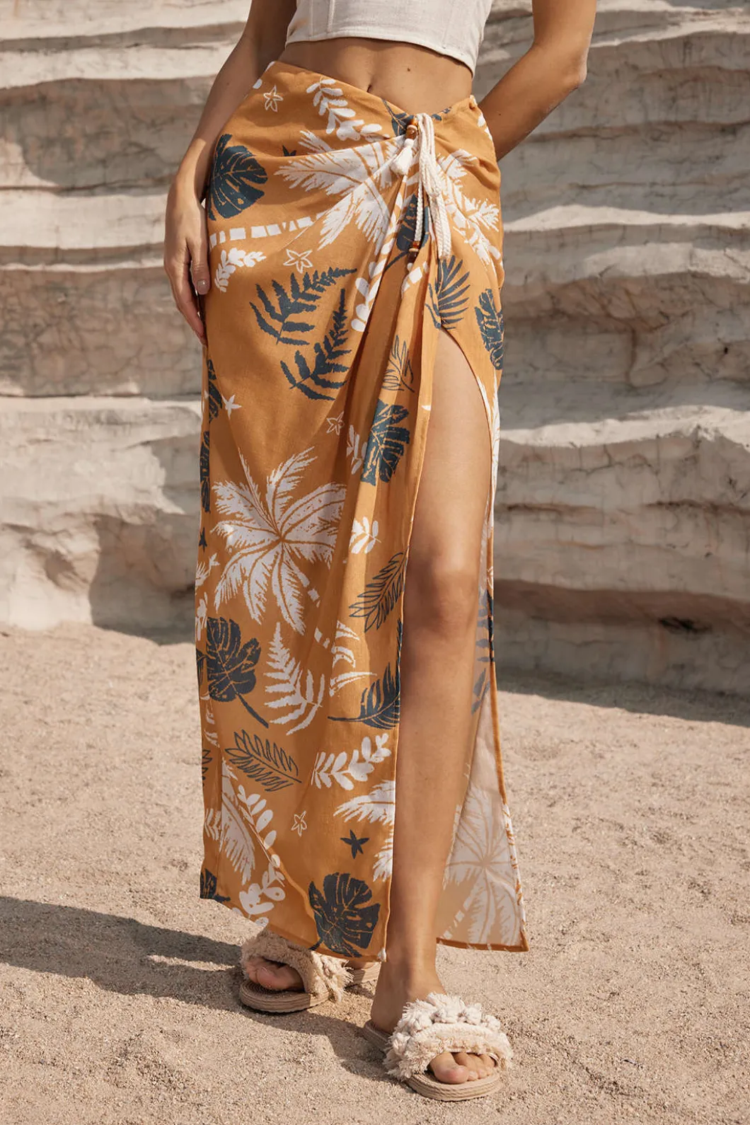 Leaves Print Knot Split Cover-Up Maxi Skirt>MICAS Sale