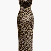 Leopard Print Cross Chain Cowl Neck Slit Slip Maxi Dress>MICAS Discount