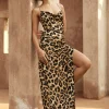 Leopard Print Cross Chain Cowl Neck Slit Slip Maxi Dress>MICAS Discount
