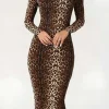 Leopard Print Long Sleeve Slim Midi Dress>MICAS Fashion