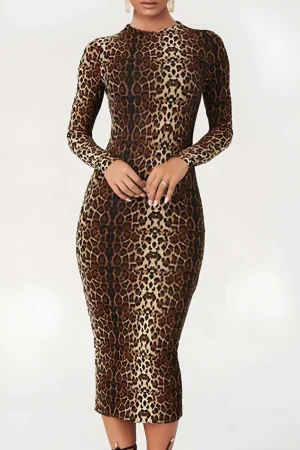Leopard Print Long Sleeve Slim Midi Dress>MICAS Fashion