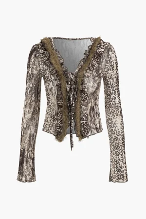 Leopard Print Mesh Long-Sleeve Top>MICAS New