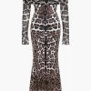 Leopard Print Mesh Off Shoulder Long Sleeve Maxi Dress>MICAS Clearance