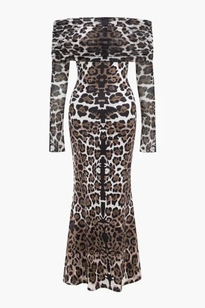 Leopard Print Mesh Off Shoulder Long Sleeve Maxi Dress>MICAS Clearance