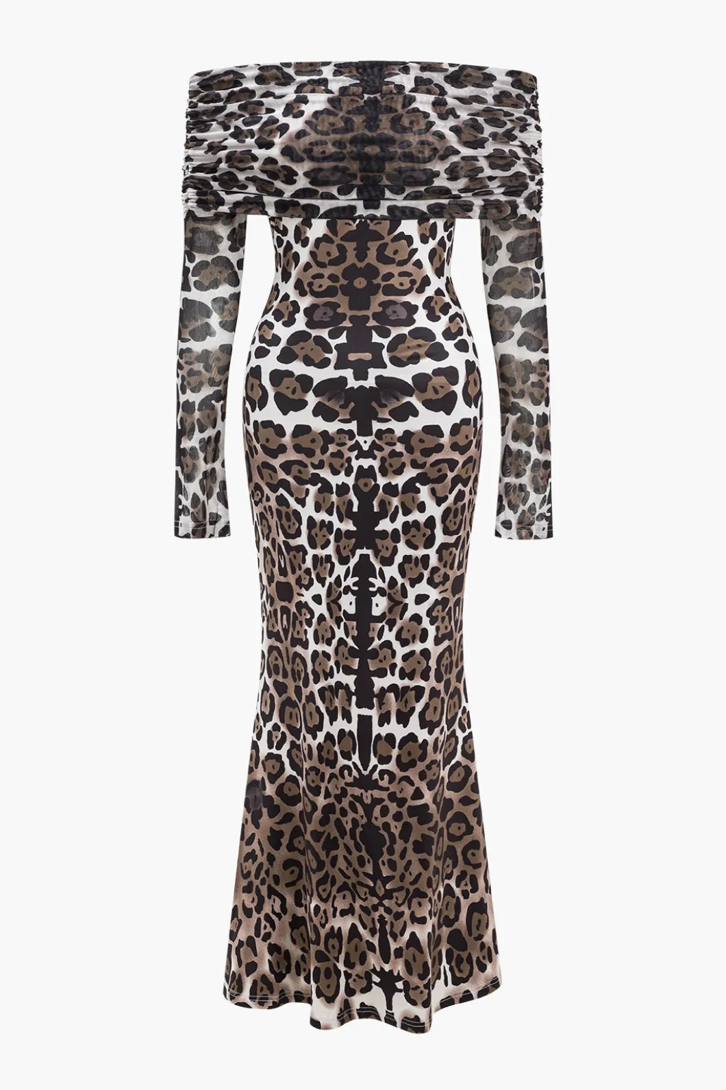 Leopard Print Mesh Off Shoulder Long Sleeve Maxi Dress>MICAS Clearance