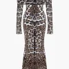 Leopard Print Mesh Off Shoulder Long Sleeve Maxi Dress>MICAS Clearance