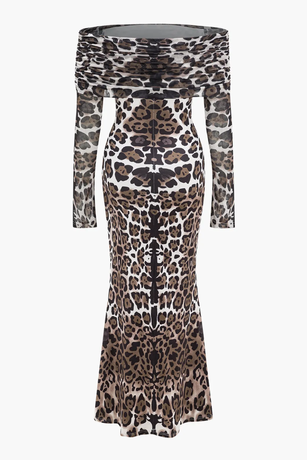 Leopard Print Mesh Off Shoulder Long Sleeve Maxi Dress>MICAS Clearance