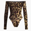 Leopard Print Off Shoulder Long Sleeve Bodysuit>MICAS Fashion
