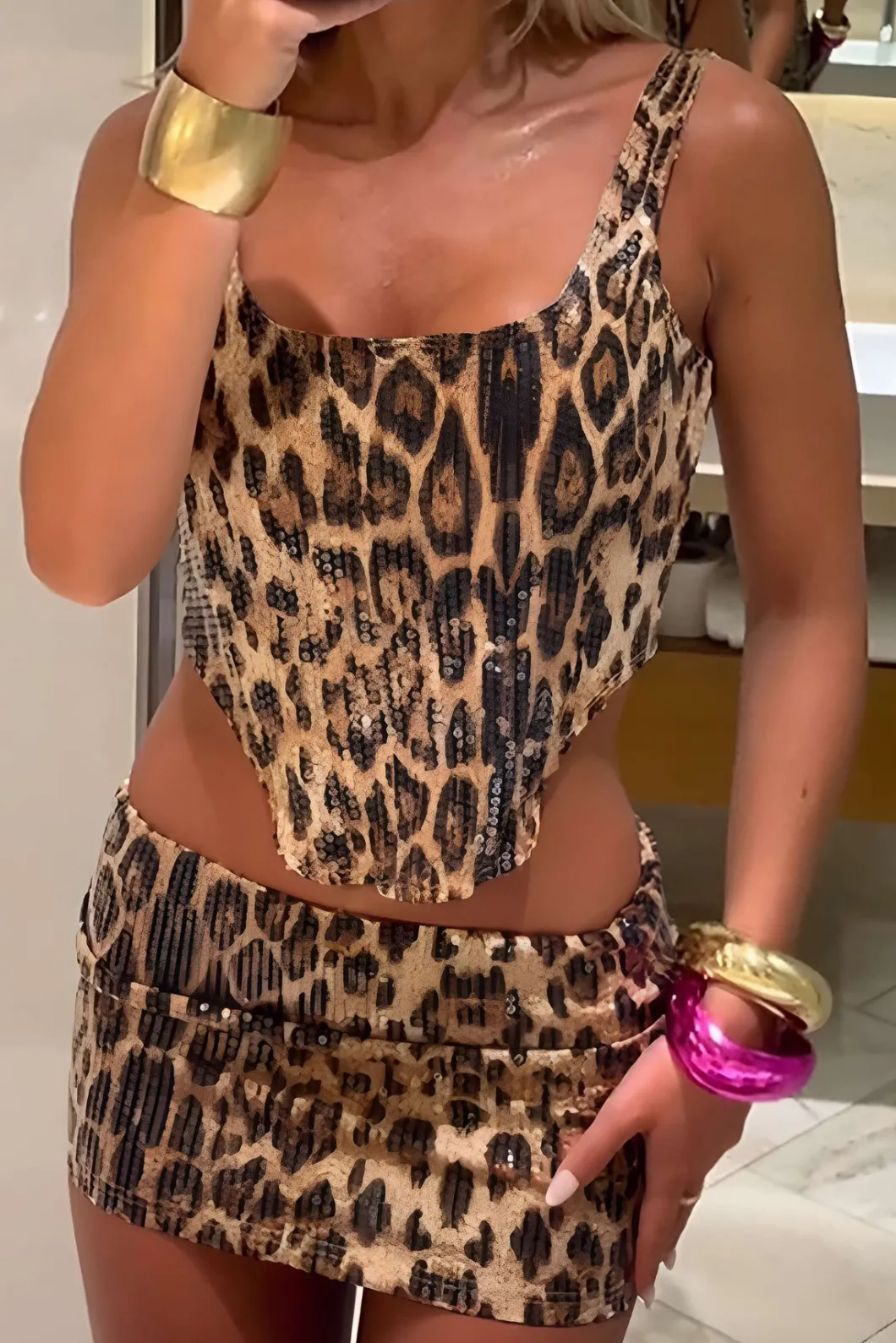 Leopard Print Sequin Low Neckline Skirt Set>MICAS Online