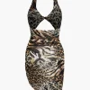 Leopard Print Twist Halter Backless Midi Dress>MICAS Best