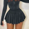 Letter Embroidered Rib Knit Stand Collar Zipper Crop Cardigan And Pleated Mini Skirt Set>MICAS Clearance