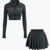Letter Embroidered Rib Knit Stand Collar Zipper Crop Cardigan And Pleated Mini Skirt Set>MICAS Clearance