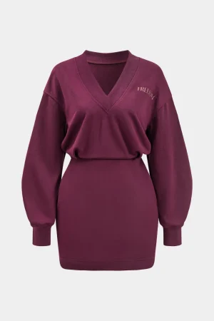 Letter Pattern V-Neck Long Sleeve Mini Dress>MICAS Clearance