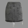 Letter Print Frayed Hem Denim Skirt>MICAS Fashion