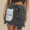 Letter Print Frayed Hem Denim Skirt>MICAS Fashion