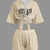 Letter Print Tie Front Crop Top And Shorts Set>MICAS Clearance