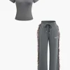 Letter Print T-shirt And Tassel Drawstring Pants Set>MICAS Discount