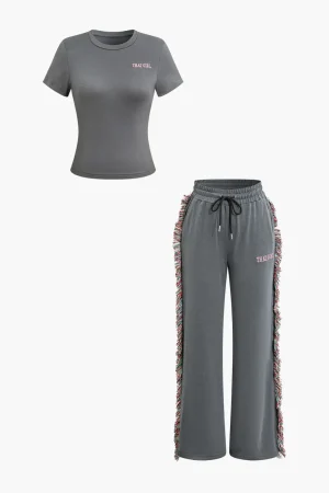 Letter Print T-shirt And Tassel Drawstring Pants Set>MICAS Discount