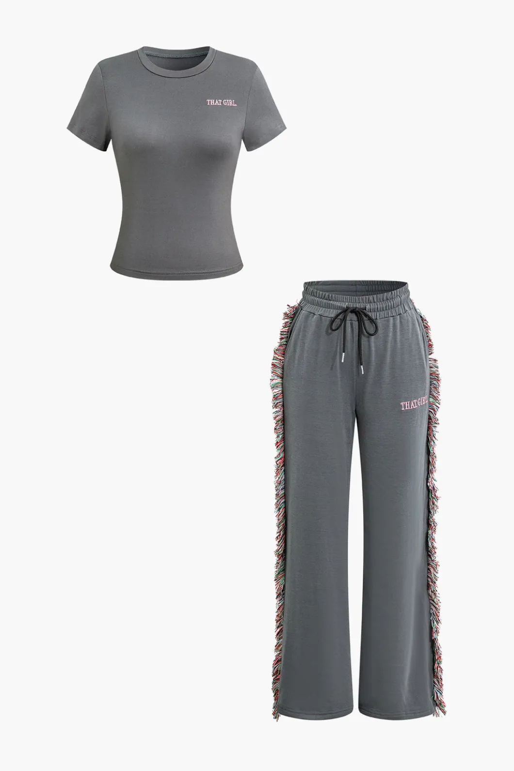 Letter Print T-shirt And Tassel Drawstring Pants Set>MICAS Discount