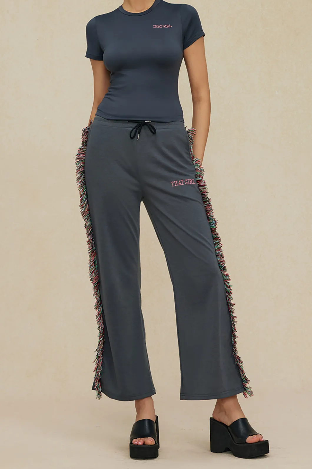 Letter Print T-shirt And Tassel Drawstring Pants Set>MICAS Discount