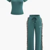 Letter Print T-shirt And Tassel Drawstring Pants Set>MICAS Discount