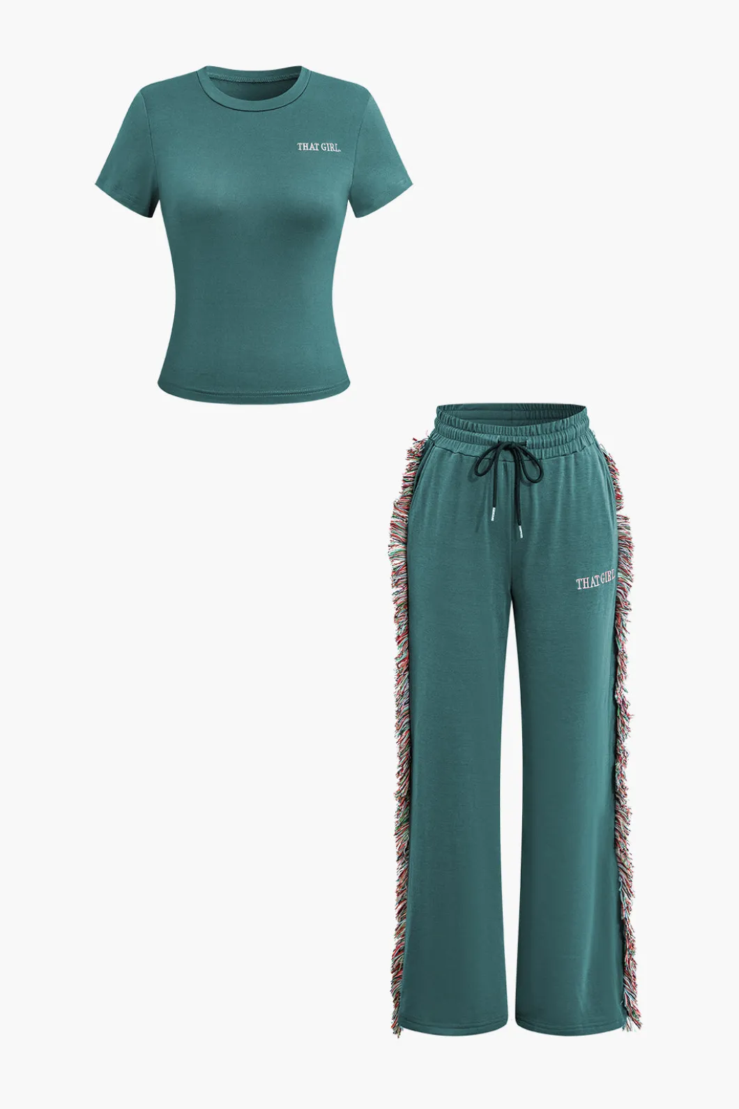 Letter Print T-shirt And Tassel Drawstring Pants Set>MICAS Discount