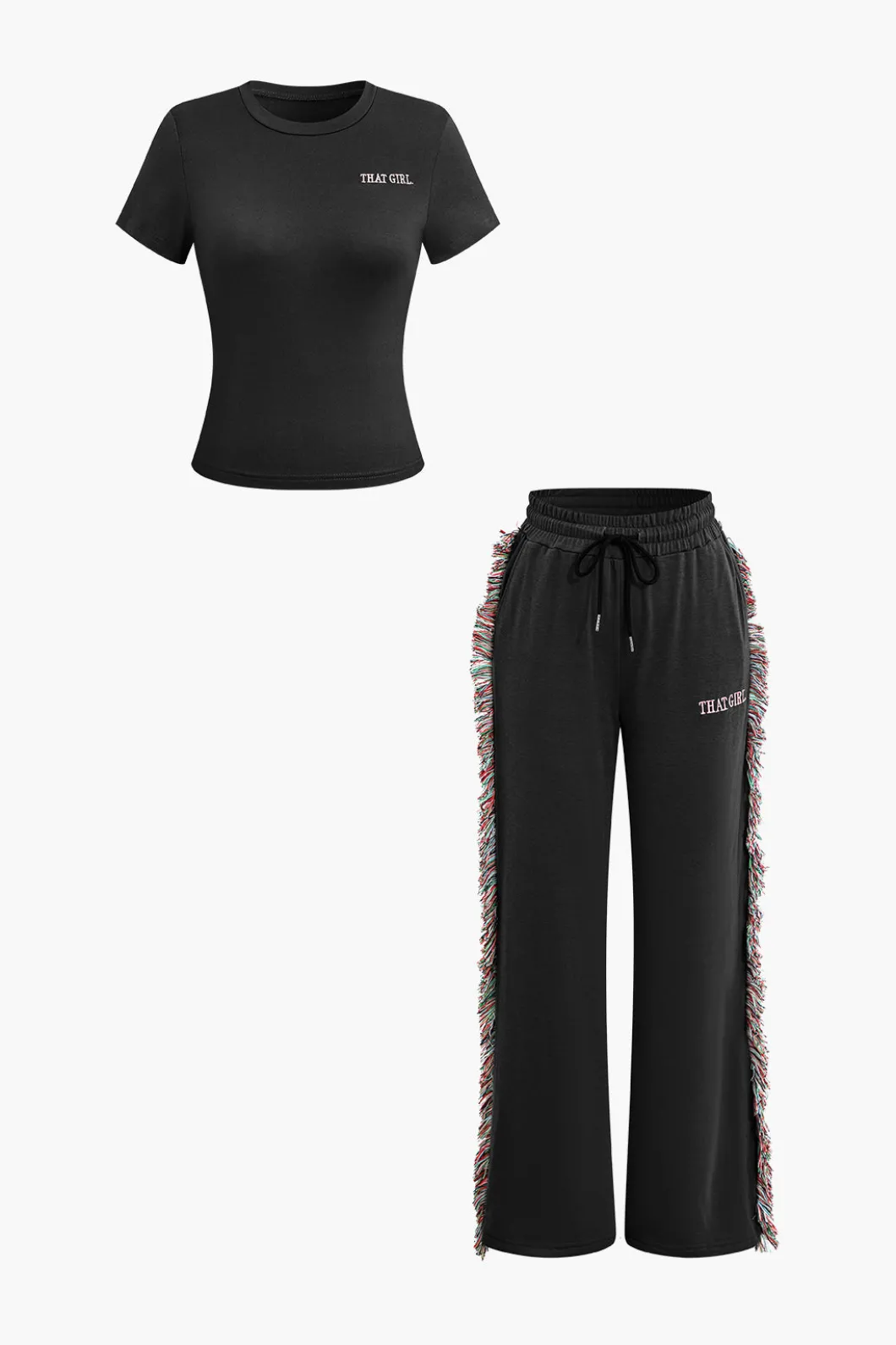 Letter Print T-shirt And Tassel Drawstring Pants Set>MICAS Discount