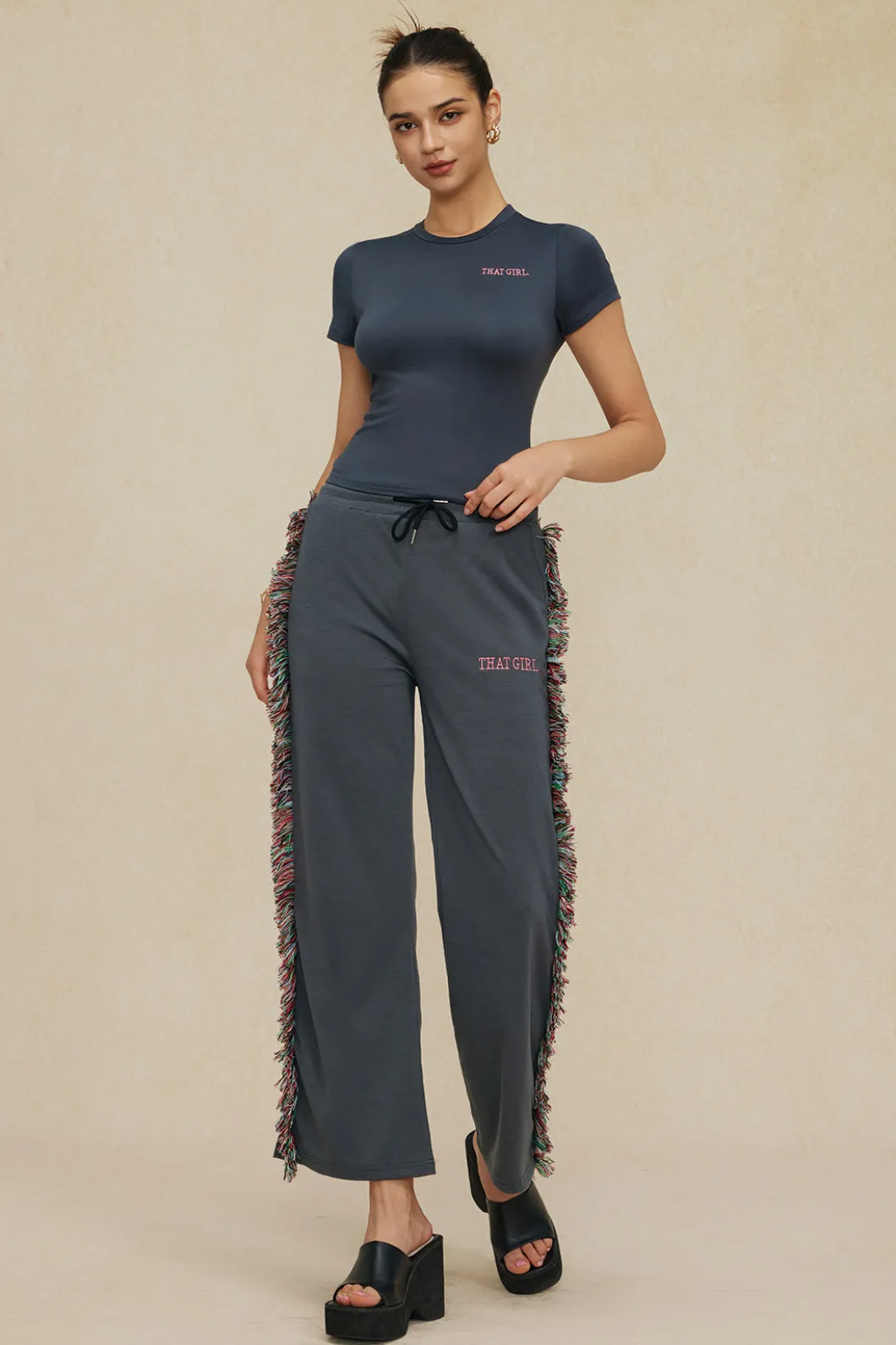 Letter Print T-shirt And Tassel Drawstring Pants Set>MICAS Discount