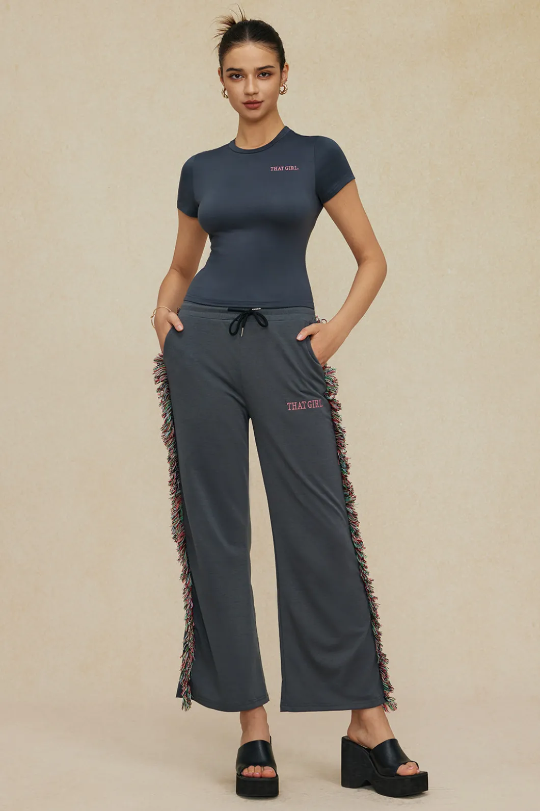 Letter Print T-shirt And Tassel Drawstring Pants Set>MICAS Discount