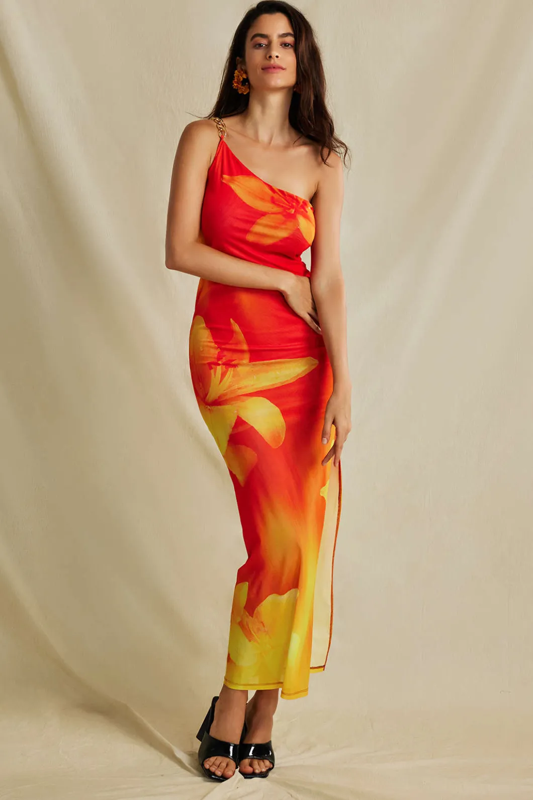 Lily Print Asymmetric One Shoulder Maxi Dress>MICAS Discount