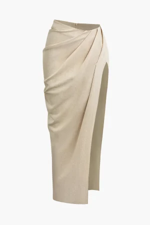 Linen Asymmetric Ruched Slit Midi Skirt>MICAS Discount