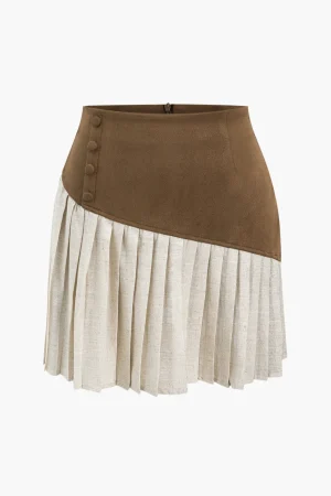 Linen Button Patchwork Pleated Skirt>MICAS New