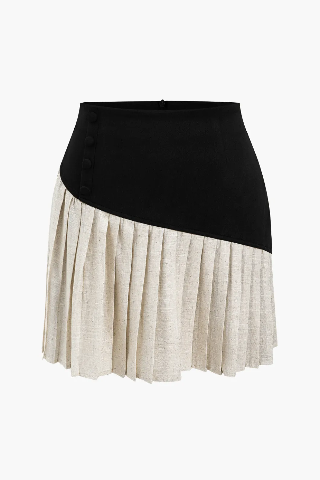 Linen Button Patchwork Pleated Skirt>MICAS New