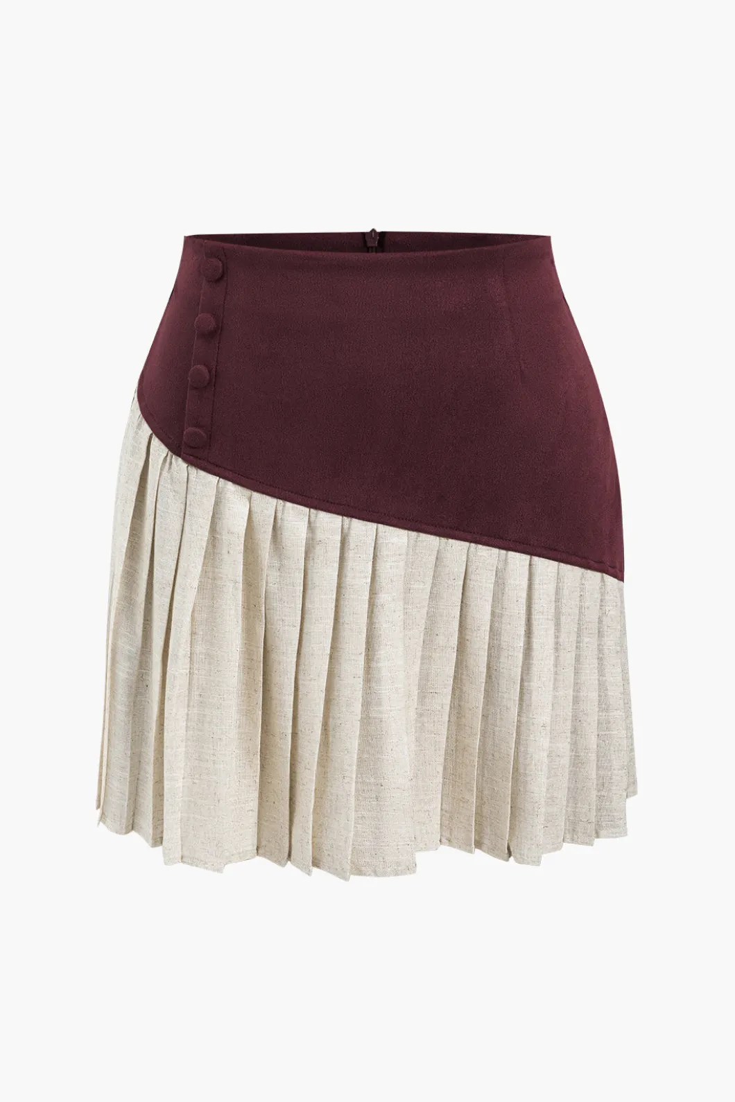 Linen Button Patchwork Pleated Skirt>MICAS New
