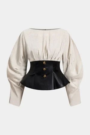 Linen Faux Leather Patchwork Long-Sleeve Shirt>MICAS Clearance