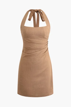Linen Halter Neck Ruched Mini Dress>MICAS Sale